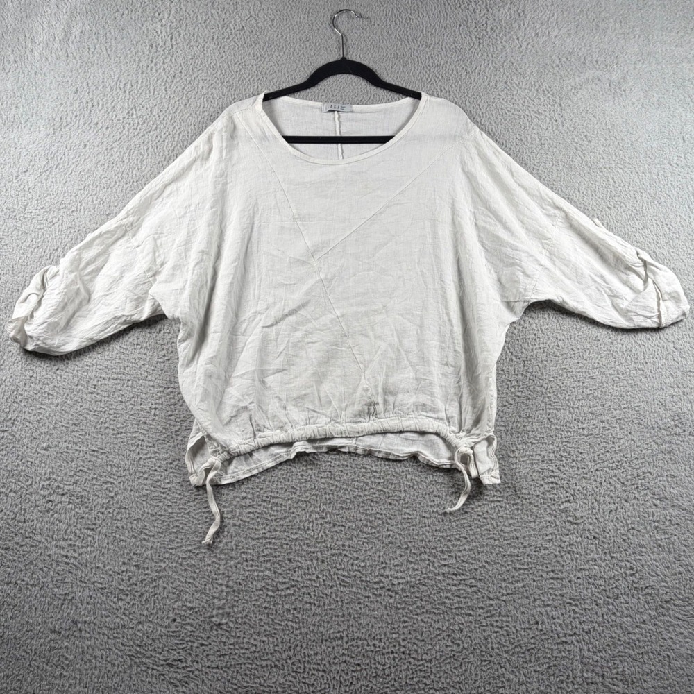 Saga Made in Italy White 100% Linen Batwing Sleeve Drawstring Hem Top OS